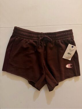 Champion Women's Dark Brown Drawstring Athletic Shorts with Pink Logo